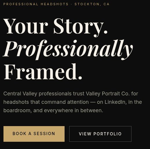 Valley Portrait Co. homepage hero: “Your Story. Professionally Framed.” with Book a Session and View Portfolio buttons